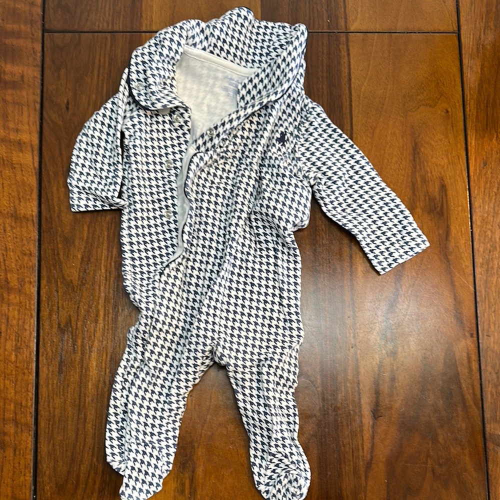 Ralph Lauren White and Blue Houndstooth Footies One Piece